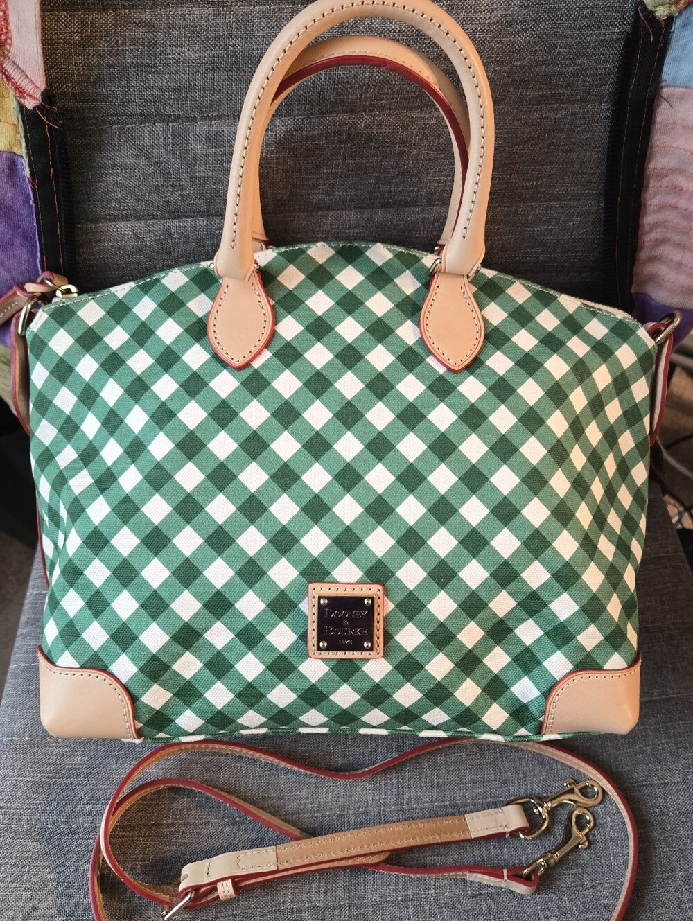 EUC Dooney & Bourke Green Gingham Satchel with Tan Trim